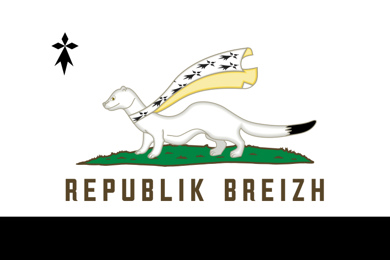 Un drapeau avec une hermine passante surmontant la mention "Republik Breizh", avec un bandeau noir en bas et une hermine dans le coin en haut à gauche