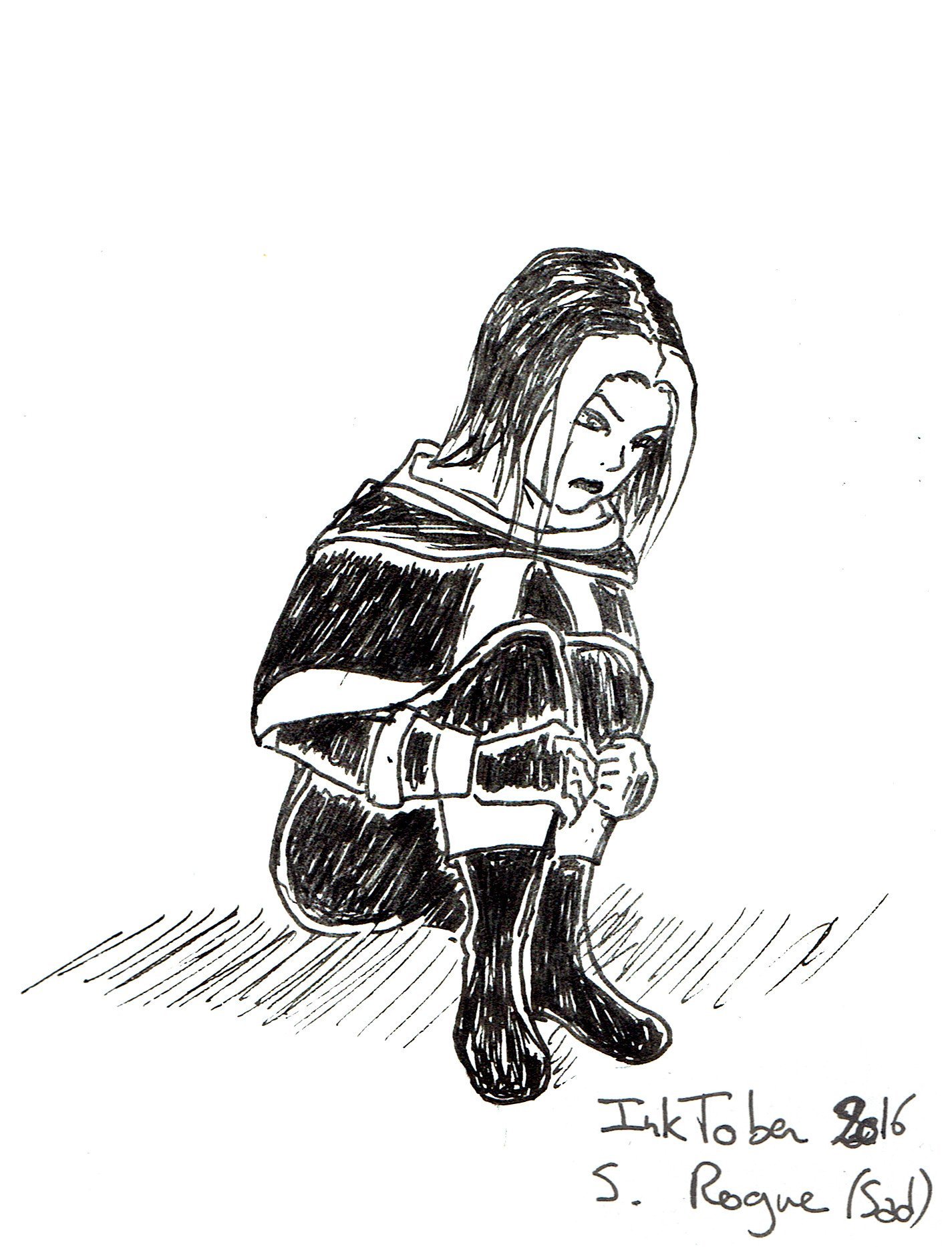 Une jeune femme assise, presque en position fœtale. Elle a deux mèches blanches et l'air triste.