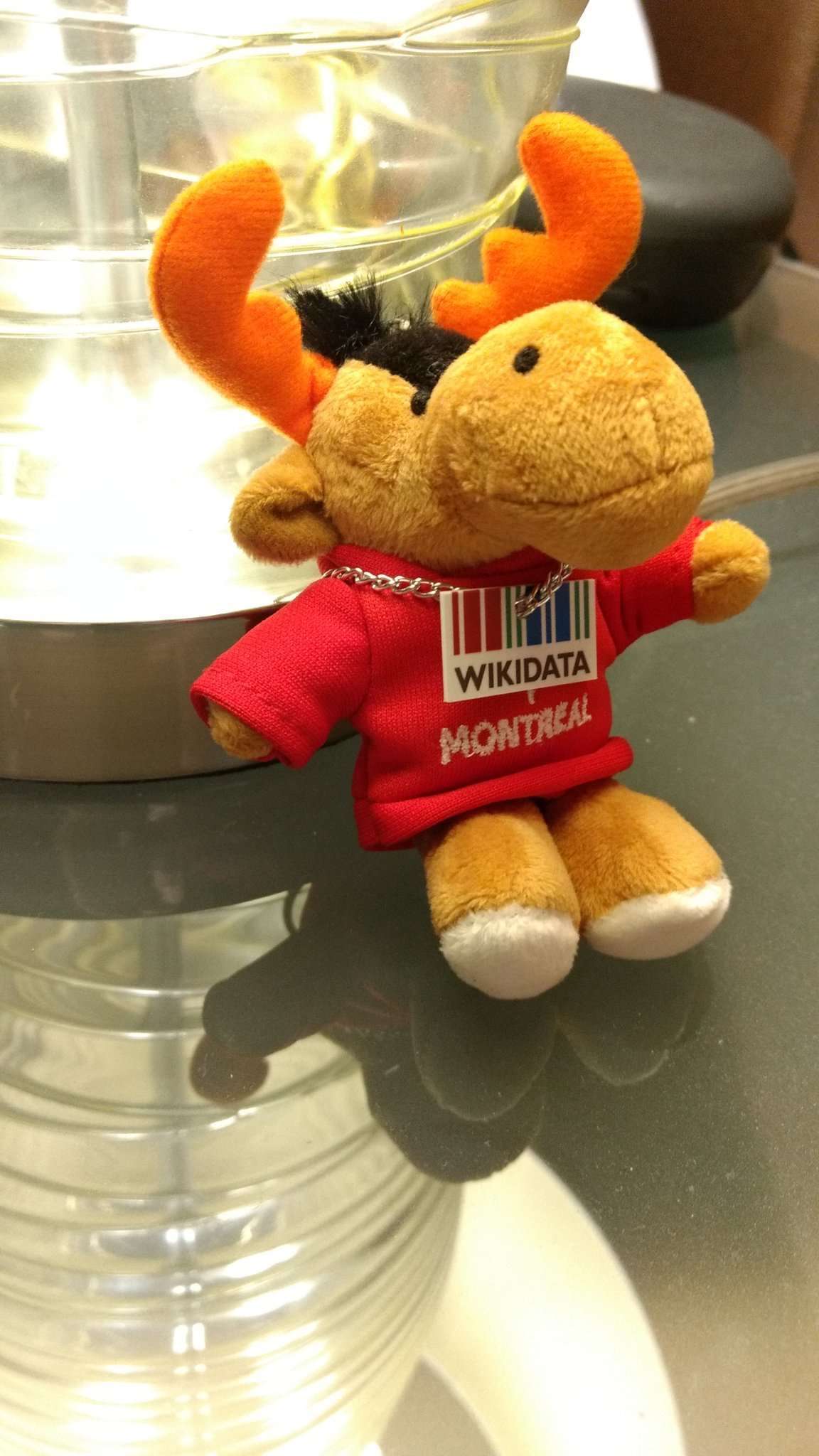 Photo d'une peluche de caribou format porte-clefs portant un pull rouge avec "Montréal" écrit dessus et un collier avec le logo de Wikidata