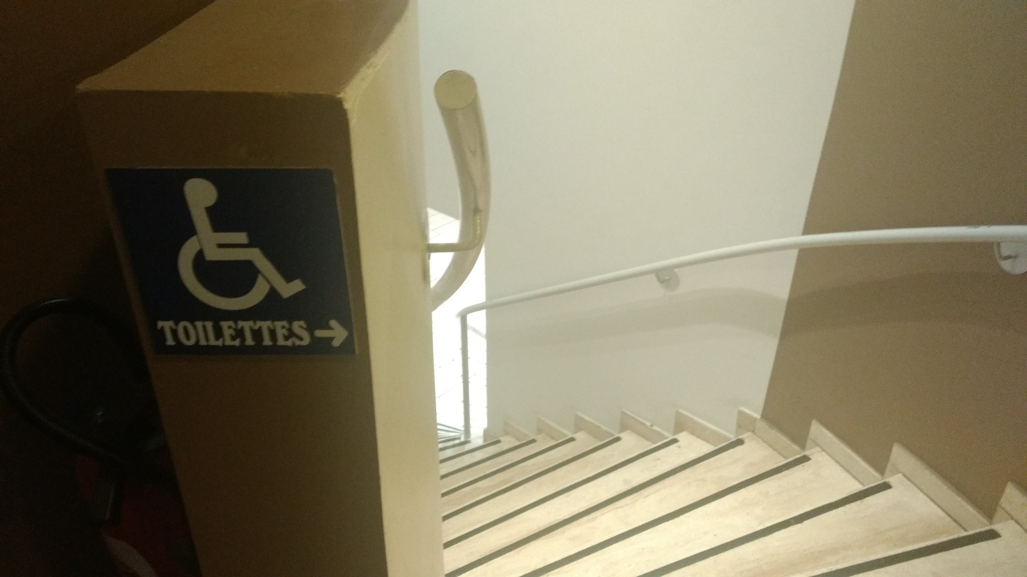 Photo d'un panonceau indiquant des toilettes PMR, avec une flèche pointant droit sur... Un  escalier descendant.