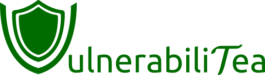 Lettrage vectoriel : VulnerabiliTea en vert. Le V a plus ou moins la forme d'une tasse, avec un écu ressemblant à un logo d’anti-virus.