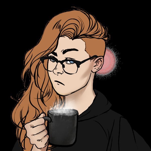 Auto-portrait sans barbe, avec un t-shirt noir et une tasse de thé fumante