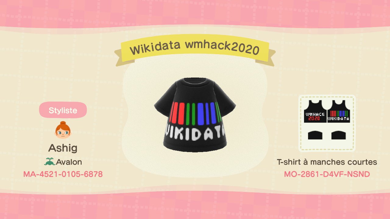 T-shirt noir avec un logo Wikidata devant et "WMHACK 2020" derrière