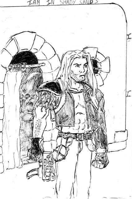Dessin au bic noir d'un homme aux cheveux longs avec une tenue en cuir et un pistolet-mitrailleur, devant une maison aux murs de terre, un rideau en guise de porte.