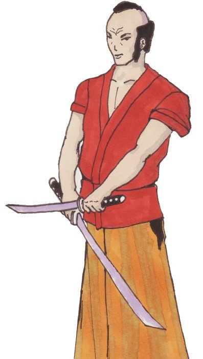 Un samouraï tenant ses deux sabres croisés devant lui : dans la main droite le katana et le wakizashi, plus courte, en main gauche.