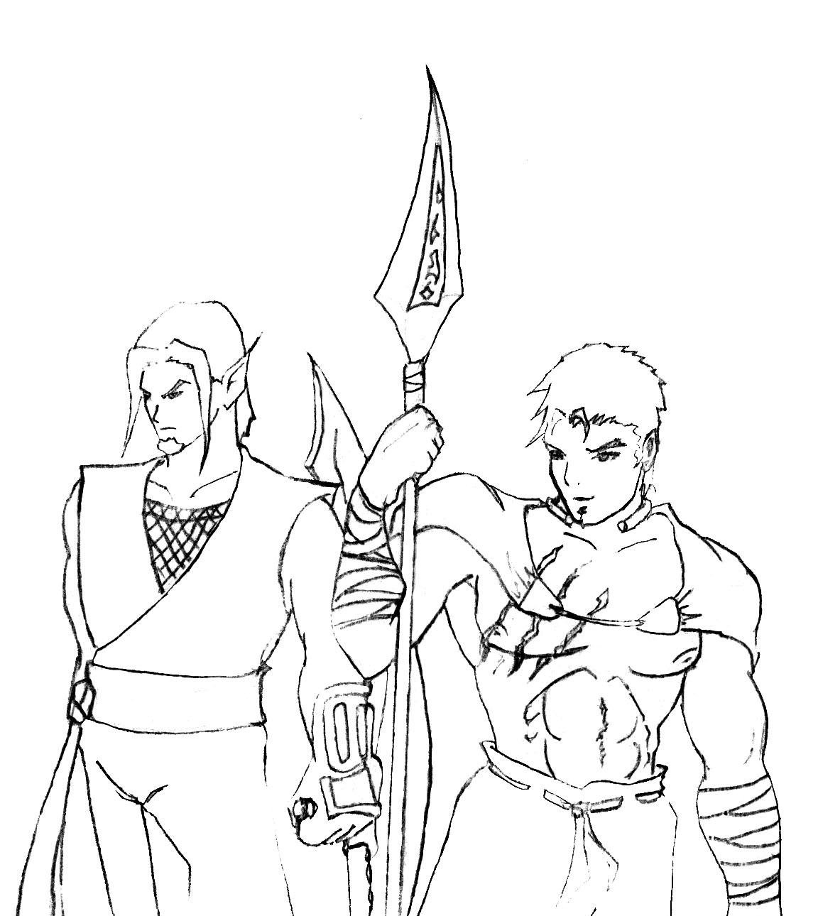 Dessin au trait : Un assassin elfe noir tenant un tonfa-cimeterre et un guerrier-dragon tenant une lance