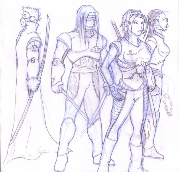Dessin au bic représentant quatre personnages debout côté à côte, avec des tenues cyberpunk et des armes dans les mains