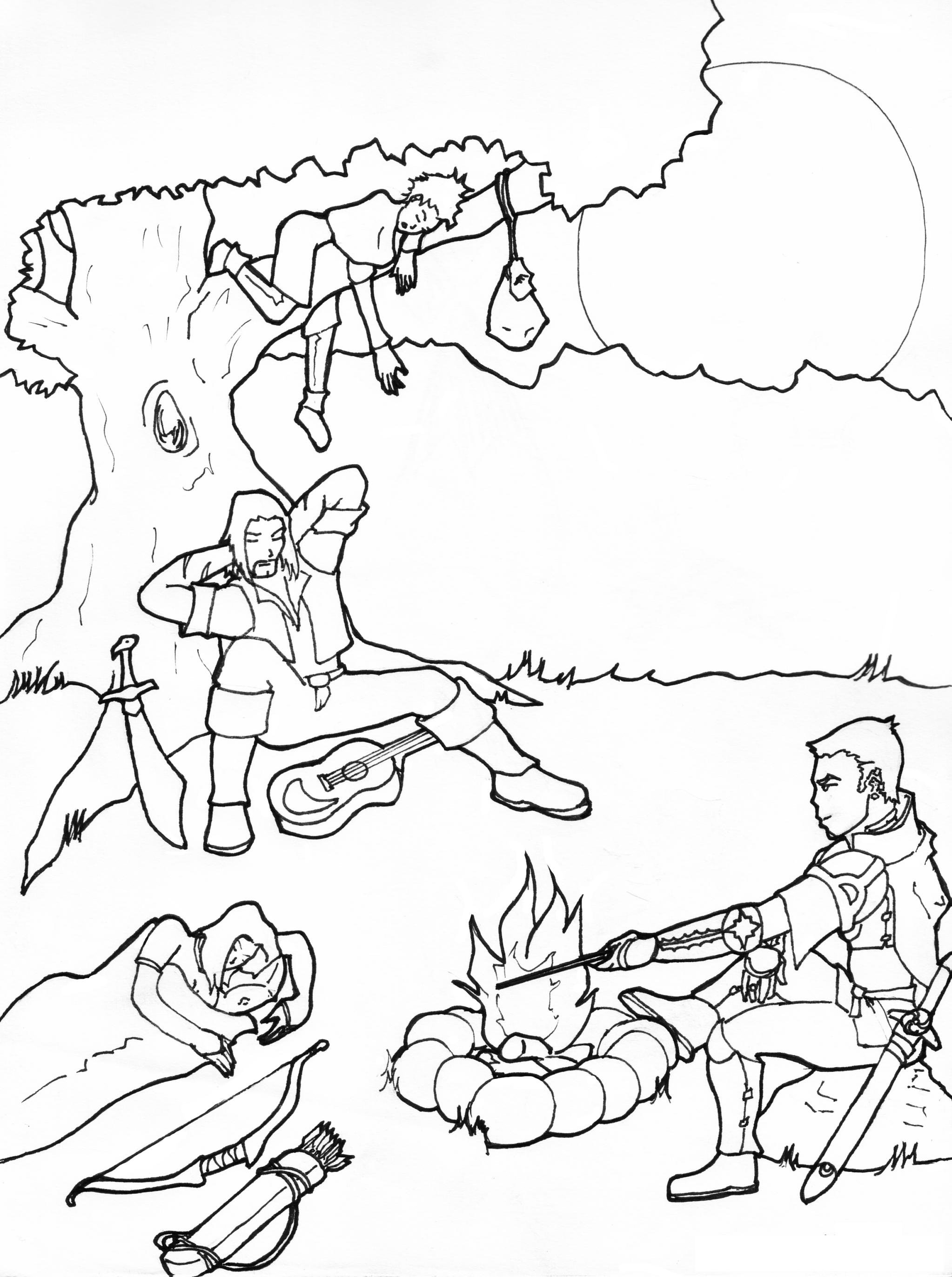 Scène de fantasy au trait : un chevalier entretient le feu, pendant qu'une femme dort dans un sac de couchage à sa gauche. À l'arrière-plan, un barde dort appuyé contre un arbre et une voleuse dort sur une branche, son sac suspendu près d'elle.